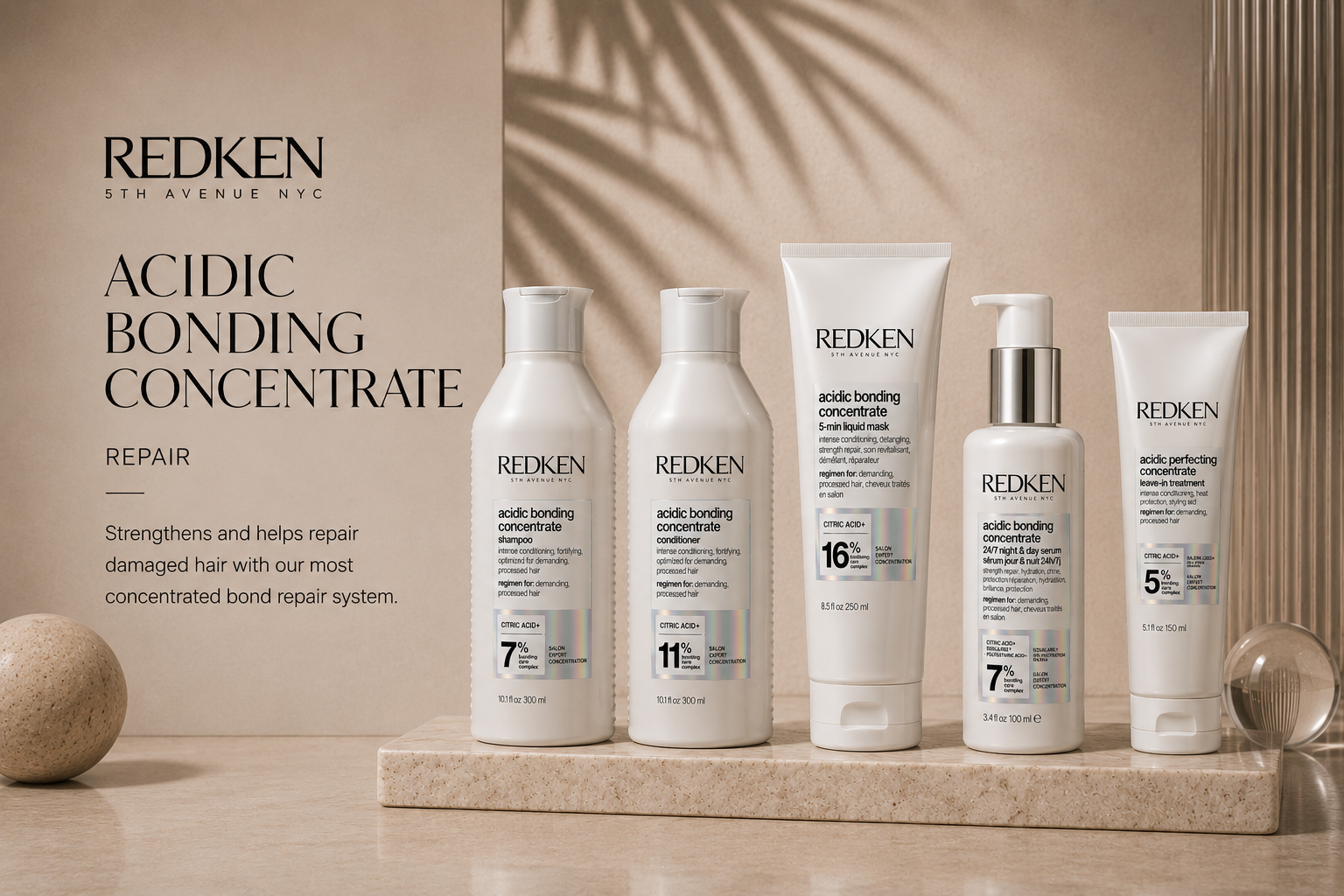 Redken Acidic Bonding Concentrate range — shampoo, conditioner, 5-minute mask and leave-in treatment