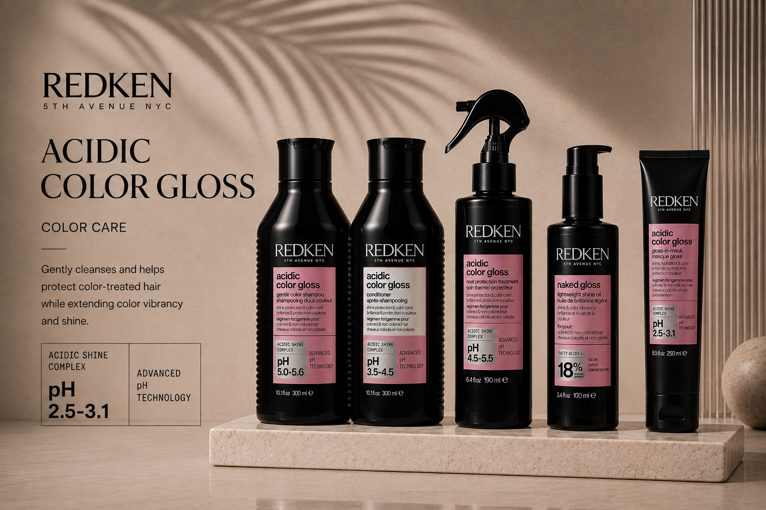 Redken Acidic Color Gloss range — shampoo, conditioner, leave-in spray and Naked Gloss