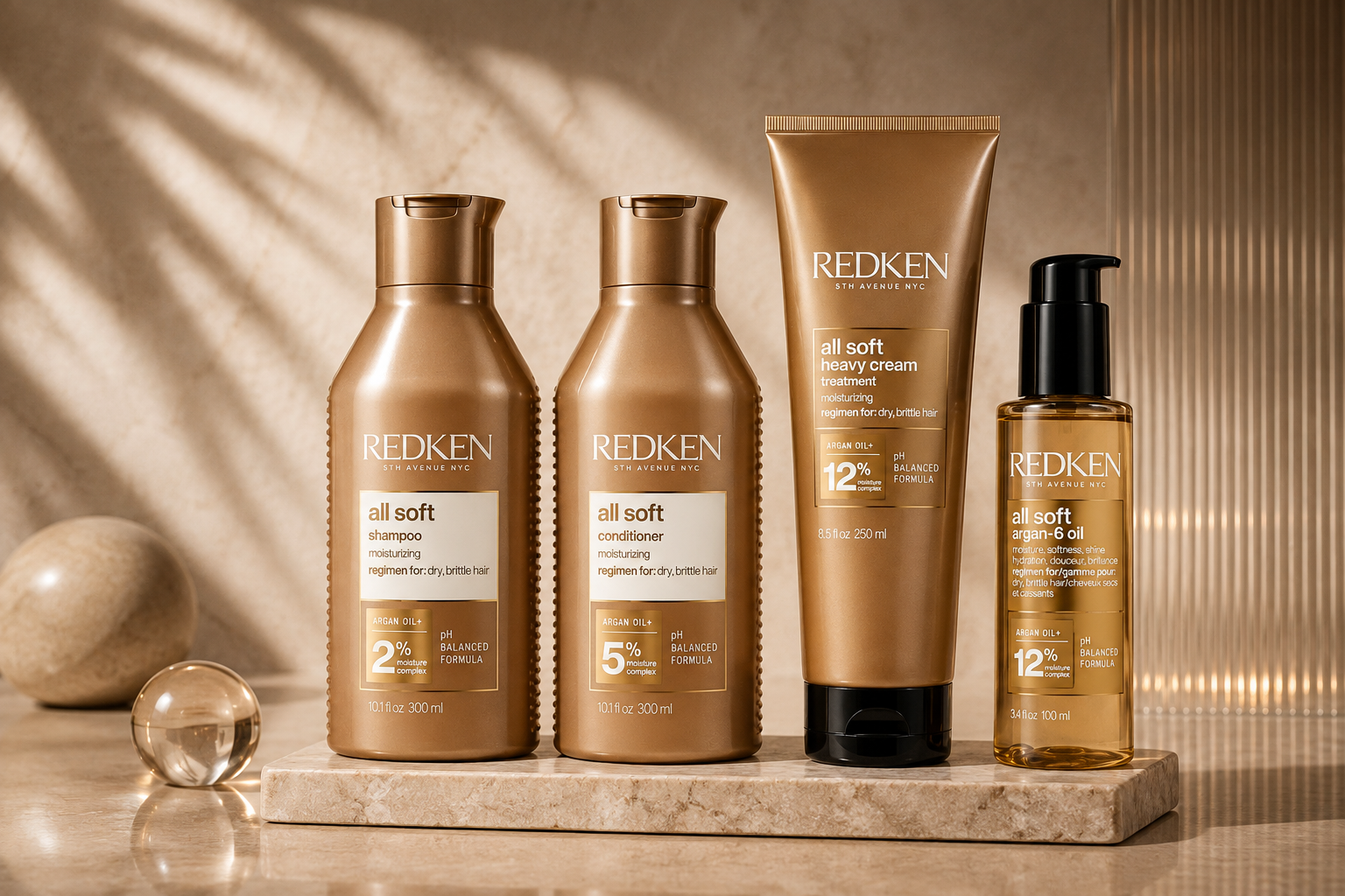 Redken All Soft range — shampoo, conditioner, heavy cream mask and Argan-6 Oil