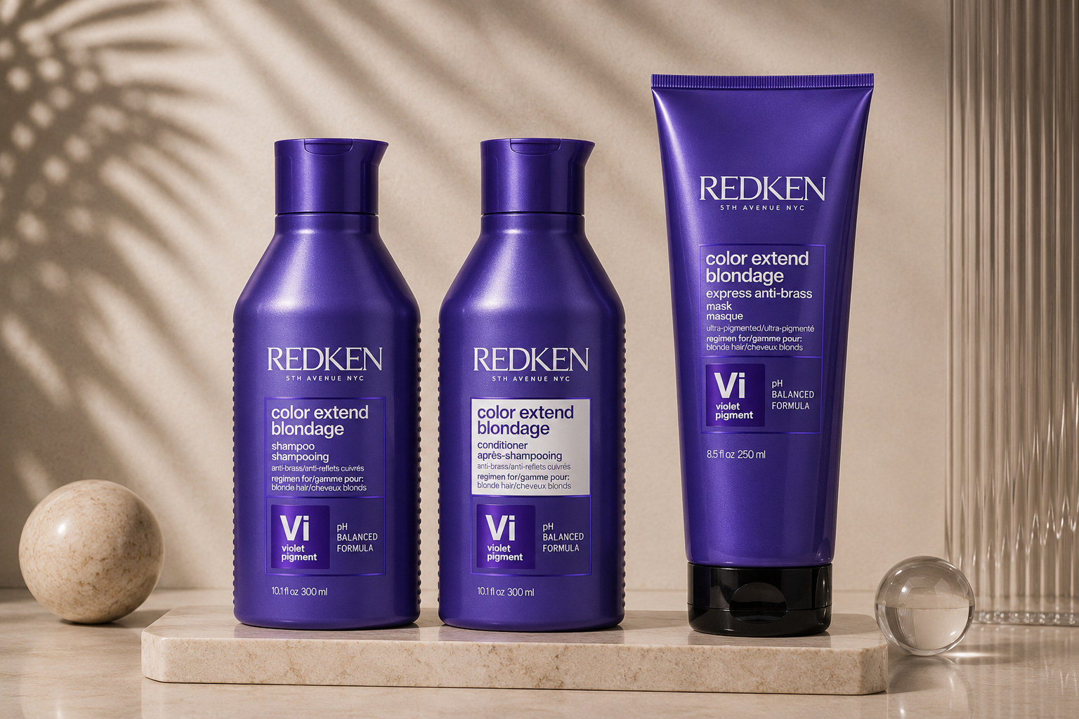 Redken Blondage range — purple shampoo, conditioner and mask