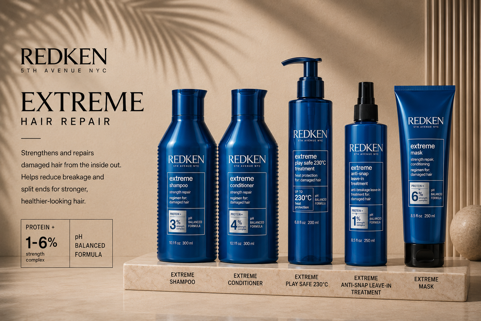 Redken Extreme range — strengthening shampoo, conditioner, Play Safe treatment and Anti-Snap leave-in