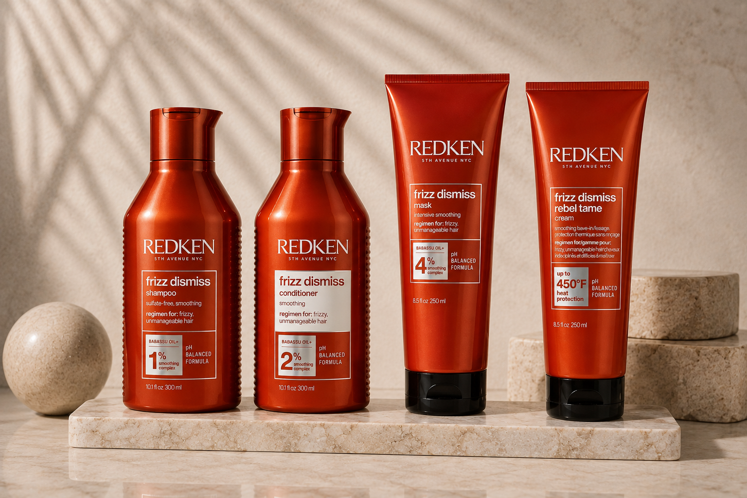 Redken Frizz Dismiss range — shampoo, conditioner, mask and Rebel Tame cream