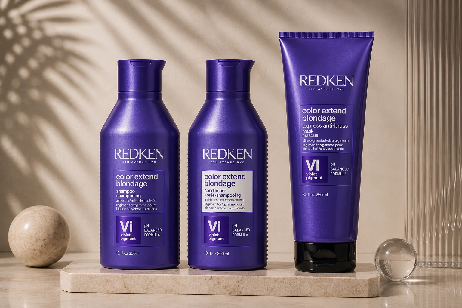 Redken Blondage range — purple shampoo, conditioner and mask