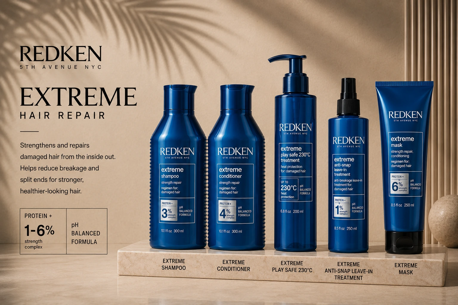 Redken Extreme range — strengthening shampoo, conditioner, Play Safe treatment and Anti-Snap leave-in
